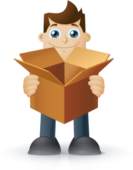 Smiling character holding an open cardboard box.